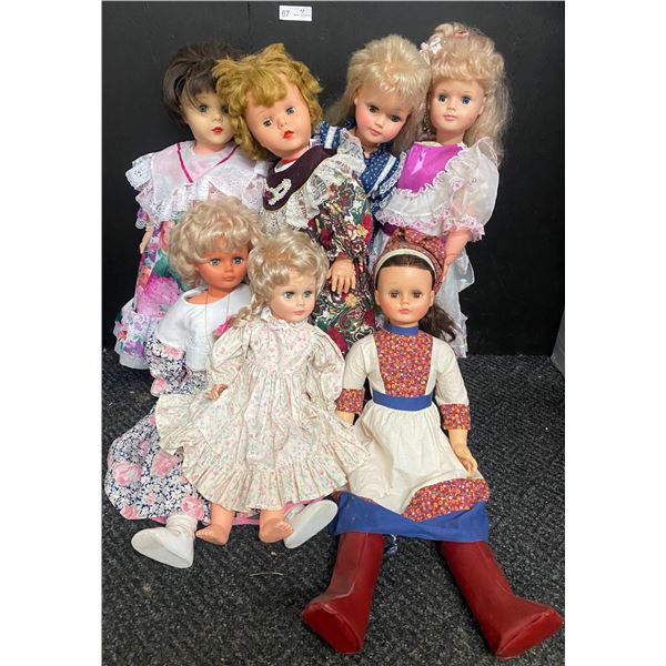 Multiple Hard Plastic Body Dressup Dolls from 1950s Era  Small to Large Standing Antique Dolls