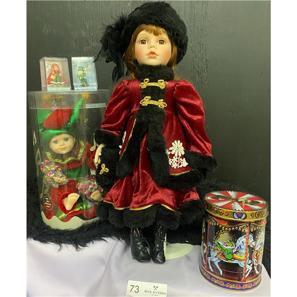 Limited Edition Collectible Porcelain Christmas Dolls with Miniatures and Holiday christmas musicbox