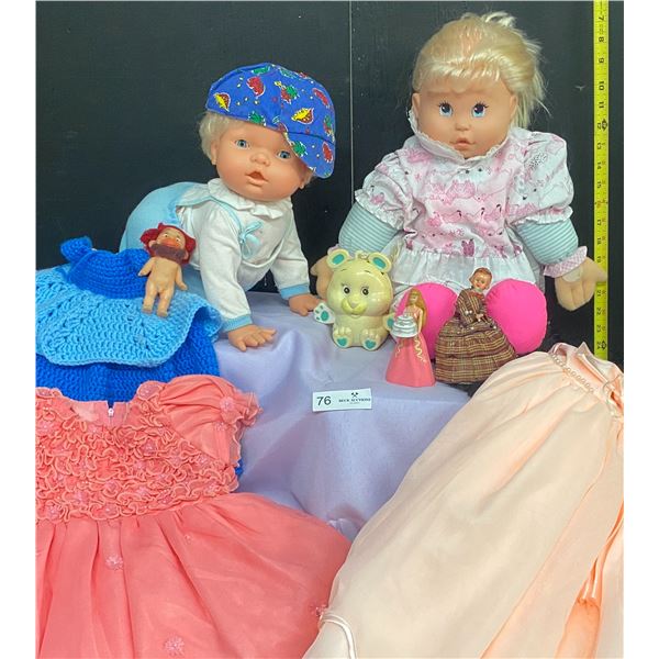 Vintage Hasbro Kid Sister Plush Doll and Antique Oopsie Daisy Doll with Old Collectible trinkets