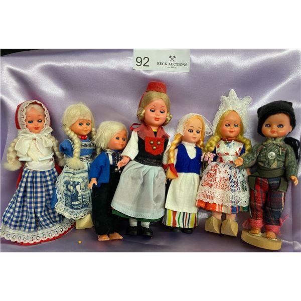 Seven European Miniature Old Antique Multicolor Souvenir Handmade Folk Dolls