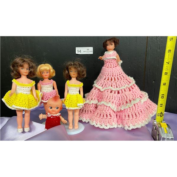 Collection of Crochet Doll Clothes on Vintage Barbie Dolls Small and Large with Kewpie Baby Doll