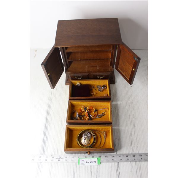 Wooden Jewelry Box with Contents