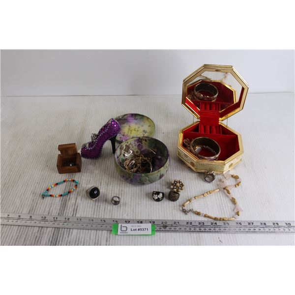 High Heel Ring Holder, (3) Jewelry Boxes, Assorted Costume Jewelry