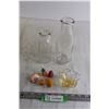 Image 1 : (2) Glass Milk Bottles, (5) Stone Fruits, Glass Basket