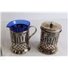 Image 2 : Vintage Creamer Sugar Set Bowl Cobalt Blue Glass Inserts w/ Matching Salt and Pepper Shakers + Glass