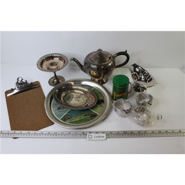 Assortment of Plated & Metal Items - Clip Board - Tray - Tea Pot - Pepper Shaker