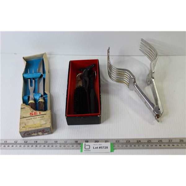 Vintage Stainless Steel Carving Set - Horse Head Brush & Shoe Horn Set in Box - Salad Forks