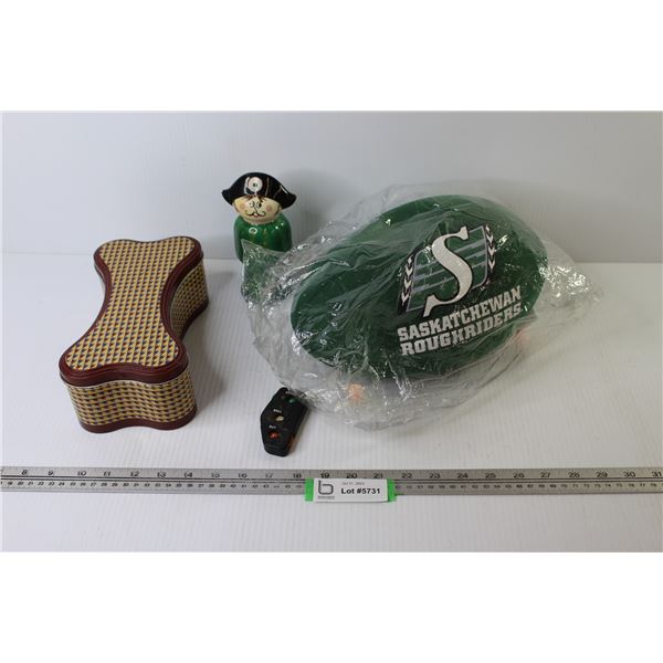 Saskatchewan Rough Riders Ball Cushion - Ceramic Coin Bank - Bone Shaped Tin - Baseball Ball Counter