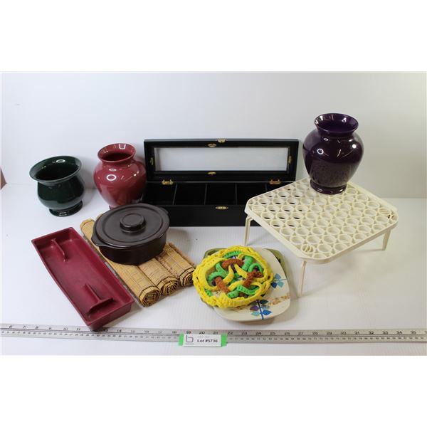 Pot Holders - Plastic Stand - Plastic Vases - (3) Bamboo Place Mats - Black Display Case - Misc. Ite