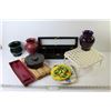 Image 1 : Pot Holders - Plastic Stand - Plastic Vases - (3) Bamboo Place Mats - Black Display Case - Misc. Ite