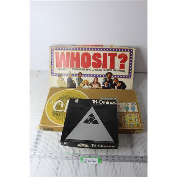 (3) Vintage Board Games - Whosit, Clue, Tri-Ominos