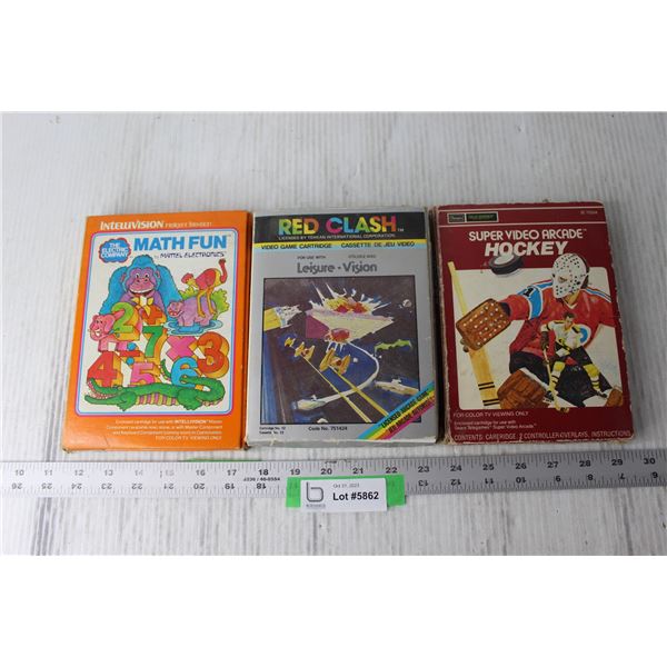 (3) Vintage  Vidoe Games - Leisure-Vision, Hockey, Math Fun