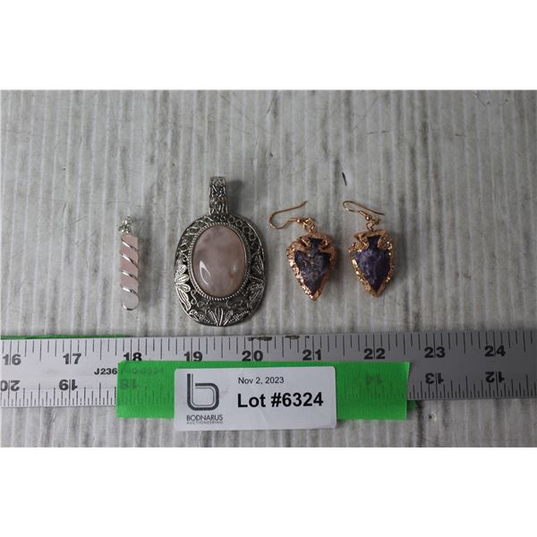 Rose Quartz Pendant and Copper Wrapped Amethyst Earrings