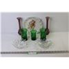 Image 1 : Vintage Plate - Green Glasses - (2) Vases - (2) Vintage Dishes