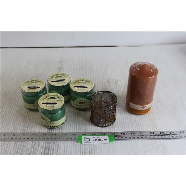 (4) Candle-Lite Sealed Candles, Candleholder, Roasted Almond Pillar Candle