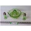 Image 3 : Uranium Glass Hand Juicer (chipped) and Uranium Glass Salt & Pepper Shakers