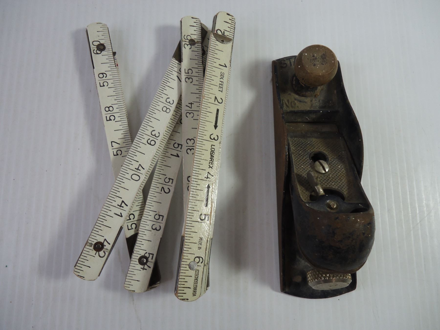 Iron Ruer Vintage Stanley Plane, Folding Ruler, Thermometer, and Coleman Iron Base