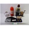 Image 1 : Vintage Thermos and Pencil Sharpener, Ink Bottle(cannot ship)Oil Lamp Base, Pin Set and Drill Bit Se
