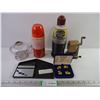 Image 2 : Vintage Thermos and Pencil Sharpener, Ink Bottle(cannot ship)Oil Lamp Base, Pin Set and Drill Bit Se