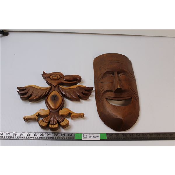 (2) Carved Wood Décor Items - Mask Carving / Eagle Carving