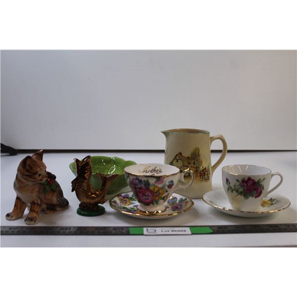 (2) Tea Cup & Saucer, Cat Figurine / Pitcher / Candy Dish