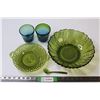 Image 1 : (2) Green Glass Serving Bowls + Spoon and (2) Glasses