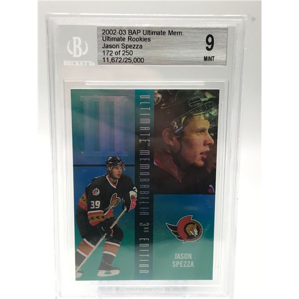 2002-03 BAP ULTIMATE MEM ULTIMATE ROOKIES JASON SPEZZA 172-250 BECKETT GRADED 9