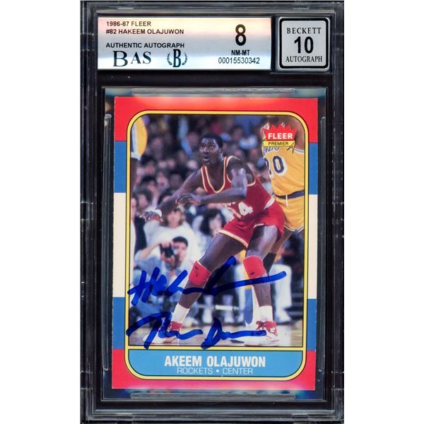 1986-87 FLEER NO.82 HAKEEN OLAJUWON BECKETTE AUTHENTICATED AUTO AND GRADED 8