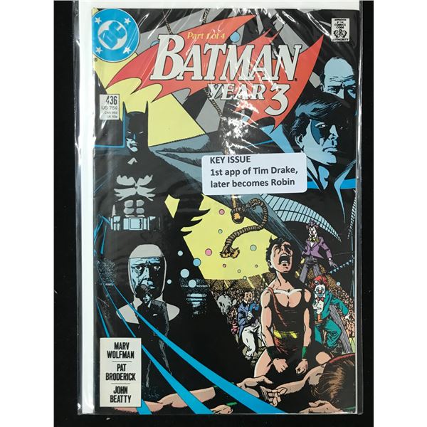 DC COMICS NO.436 BATMAN YEAR 3 (1ST APP OF TIM DRAKE LATER BECOMES ROBIN)