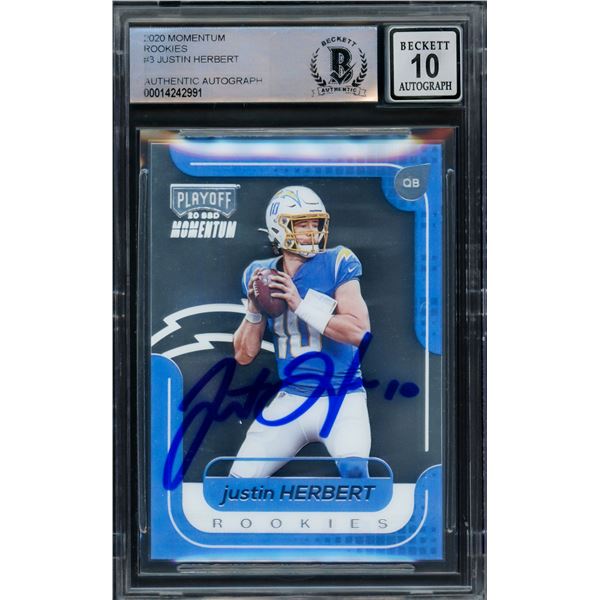 Justin Herbert Autographed 2020 Playoff Momentum Rookie Card GEM 10 Auto Beckett