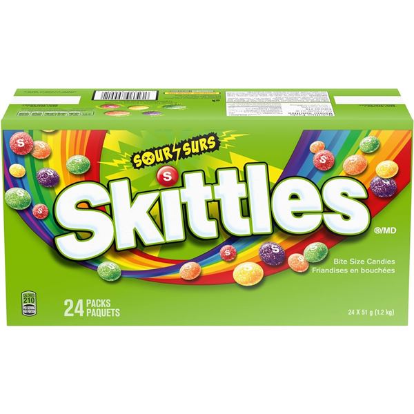 NEW CASE OF 24 SKITTLES SOUR PACKS - 51G PER PACK