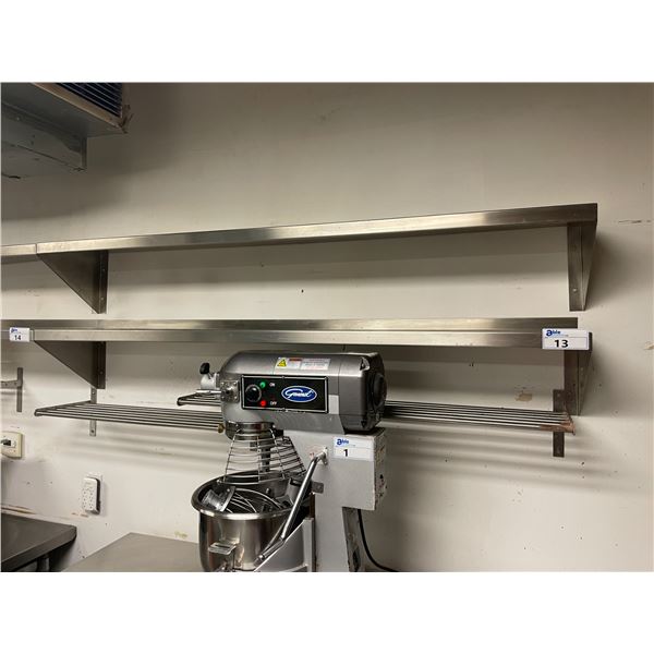 2 STAINLESS STEEL 72"W X 12"D COMMERCIAL WALL HUNG SHELVES & 2 STAINLESS STEEL WALL HUNG EQUIPMENT