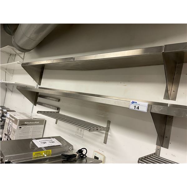 2 STAINLESS STEEL 72"W X 12"D COMMERCIAL WALL HUNG SHELVES & 2 STAINLESS STEEL WALL HUNG EQUIPMENT