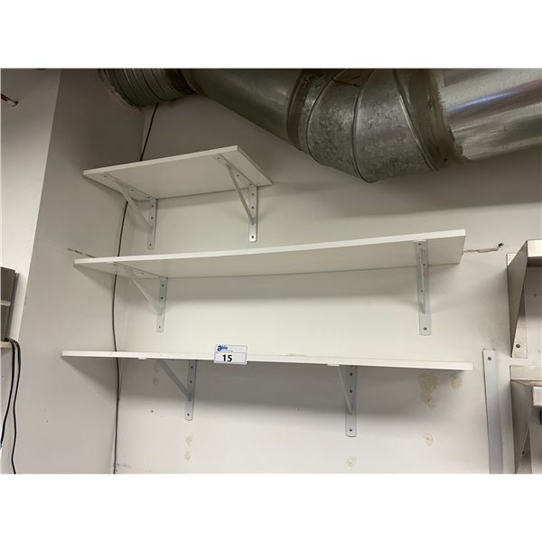 4 ASSORTED SIZED WHITE WALL HUNG SHELVES WITH PANASONIC RADIO & ASSORTED CONTENTS