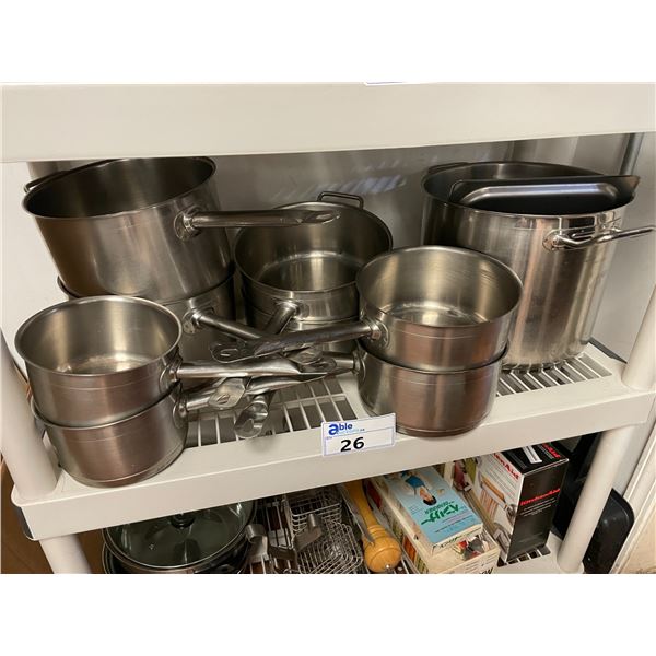 SHELF OF ASSORTED COMMERCIAL KITCHEN POTS & STOCK POT ( SHELF NOT INCLUDED )