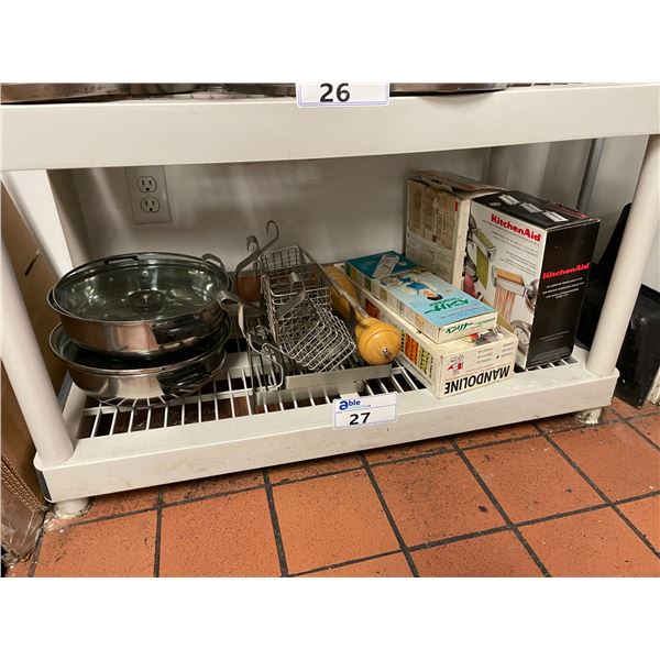 SHELF OF ASSORTED COMMERCIAL KITCHENWARE ITEMS POTS, ATTACHMENTS, & MANDOLIN ( SHELF NOT INCLUDED )