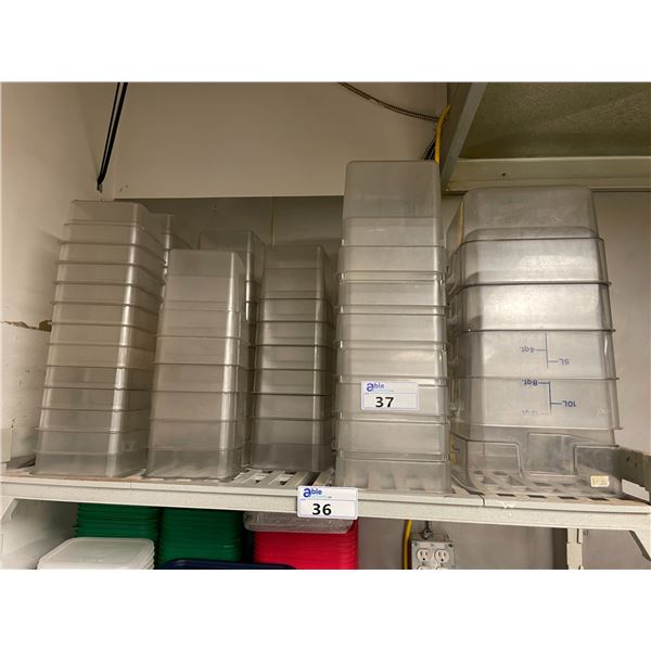 SHELF OF ASSORTED COMMERCIAL CLEAR PLASTIC INSERTS WITH LIDS ( SHELF NOT INCLUDED )