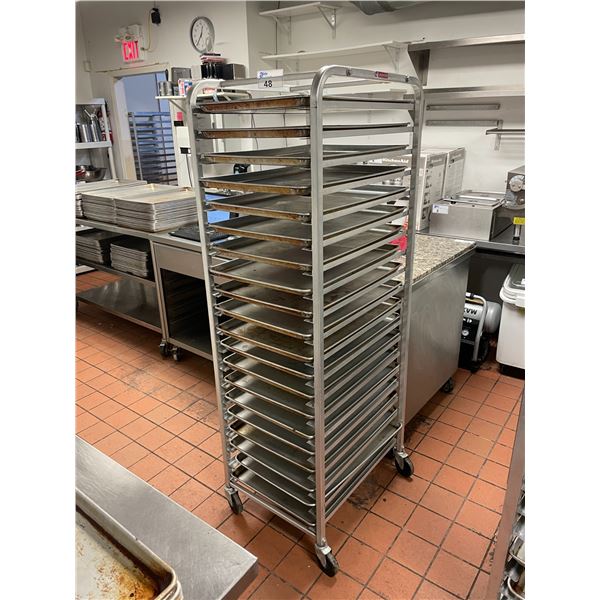 ALUMINUM 20 TRAY MOBILE COMMERCIAL BAKERS RACK WITH 20 COMMERCIAL BAKING SHEETS