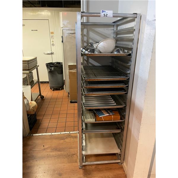 ALUMINUM 20 TRAY COMMERCIAL BAKERS RACK WITH ASSORTED COMMERCIAL BAKING SHEETS, CUTTING BOARDS,