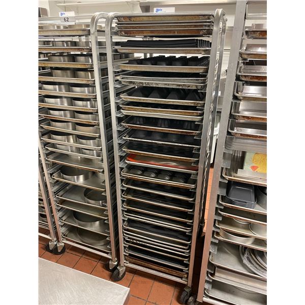 ALUMINUM 20 TRAY MOBILE COMMERCIAL BAKERS RACK WITH ASSORTED COMMERCIAL BAKING SHEETS,