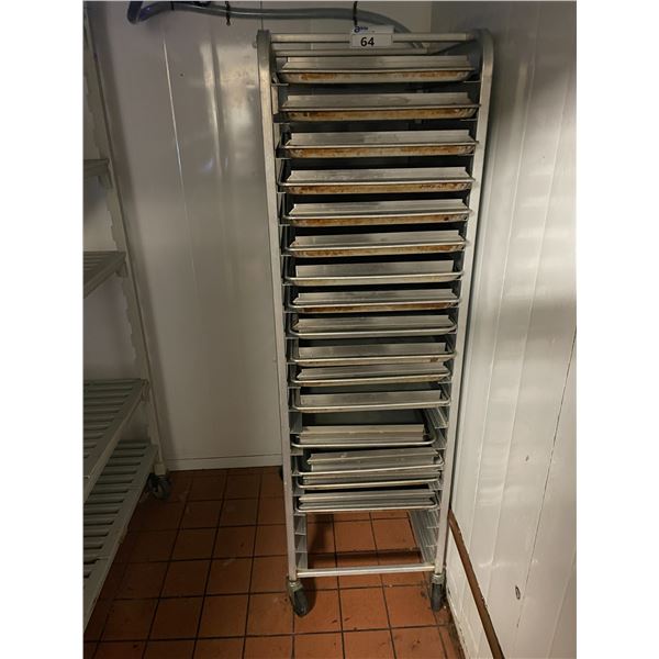 ALUMINUM 20 TRAY MOBILE COMMERCIAL BAKERS RACK WITH ASSORTED COMMERCIAL BAKING SHEETS,