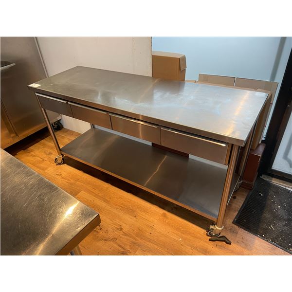 4 DRAWER 72"W X 24"D X 36"H COMMERCIAL STAINLESS STEEL MOBILE PREPARATION TABLE