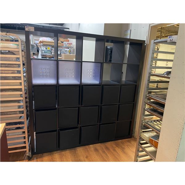 DARK WOOD 25 CUBE IKEA STORAGE SHELF WITH ASSORTED STORAGE CUBES