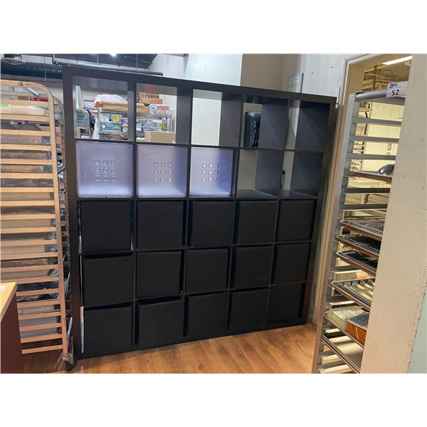 DARK WOOD 25 CUBE IKEA STORAGE SHELF WITH ASSORTED STORAGE CUBES