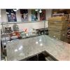 Image 2 : WHITE MARBLE TOP WHITE WOOD 96"W X 61"D X 36"H L-SHAPED COUNTER WITH 10 TRAY ALUMINUM BAKERS RACK,
