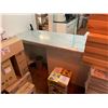 Image 3 : WHITE MARBLE TOP WHITE WOOD 96"W X 61"D X 36"H L-SHAPED COUNTER WITH 10 TRAY ALUMINUM BAKERS RACK,
