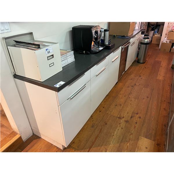 DARK TOP WHITE 144"W X 24"D X 36"H 4 DRAWER 5 DOOR COUNTER SYSTEM WITH WAS SINK & ILLUMINATED UPPER