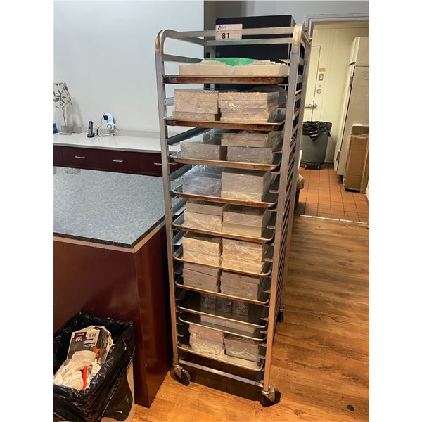 ALUMINUM 20 TRAY MOBILE COMMERCIAL BAKERS RACK WITH ASSORTED COMMERCIAL BAKING SHEETS,