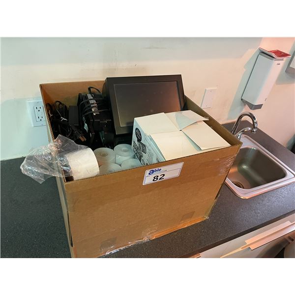 BOX OF COMMERCIAL POINT OF SALE SYSTEM WITH TERMINAL, PRINTER, POWER ADAPTERS, MONEY LIGHT &