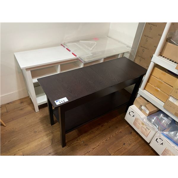 WHITE WOOD STORAGE DISPLAY COUNTER, DARK WOOD STORAGE DISPLAY COUNTER, & PLASTIC DIVIDER SCREENS